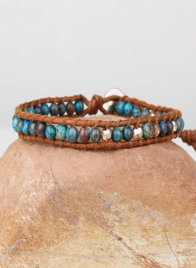KELITCH Created Turquoise Crystal Mix Beaded Single Wrap Bracelet on Brown Leather Handwoven New Jewelry (Starry Sky 04) - Image 2