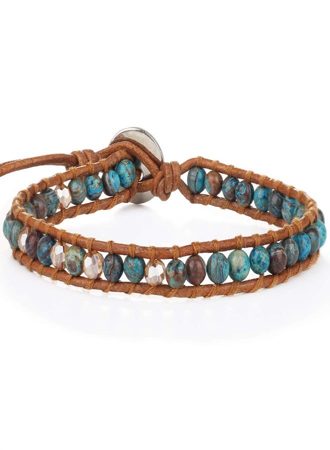 KELITCH Created Turquoise Crystal Mix Beaded Single Wrap Bracelet on Brown Leather Handwoven New Jewelry (Starry Sky 04) - Image 1