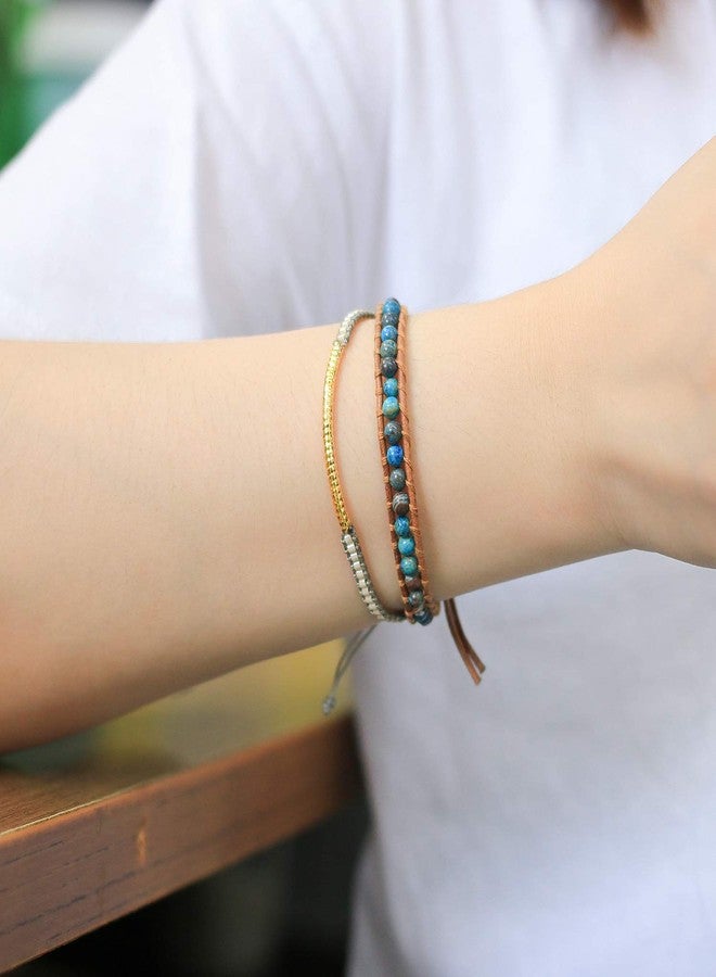 KELITCH Created Turquoise Crystal Mix Beaded Single Wrap Bracelet on Brown Leather Handwoven New Jewelry (Starry Sky 04) - Image 4