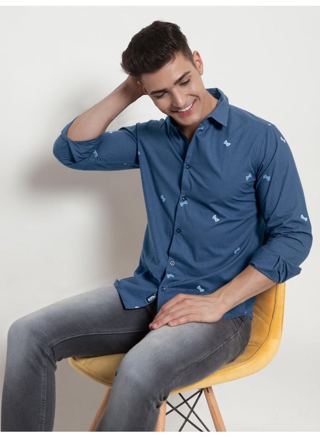 Beyoung - Long Sleeve Navy Blue Gamer Printed Shirts for Men - Image 1