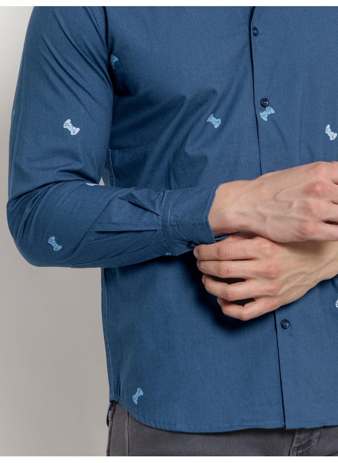 Beyoung - Long Sleeve Navy Blue Gamer Printed Shirts for Men - Image 1