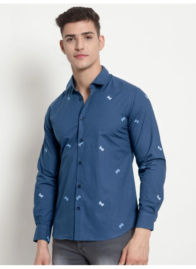 بيونغ Long Sleeve Navy Blue Gamer Printed Shirts for Men