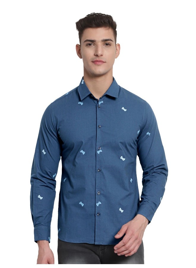 Beyoung - Long Sleeve Navy Blue Gamer Printed Shirts for Men - Image 1