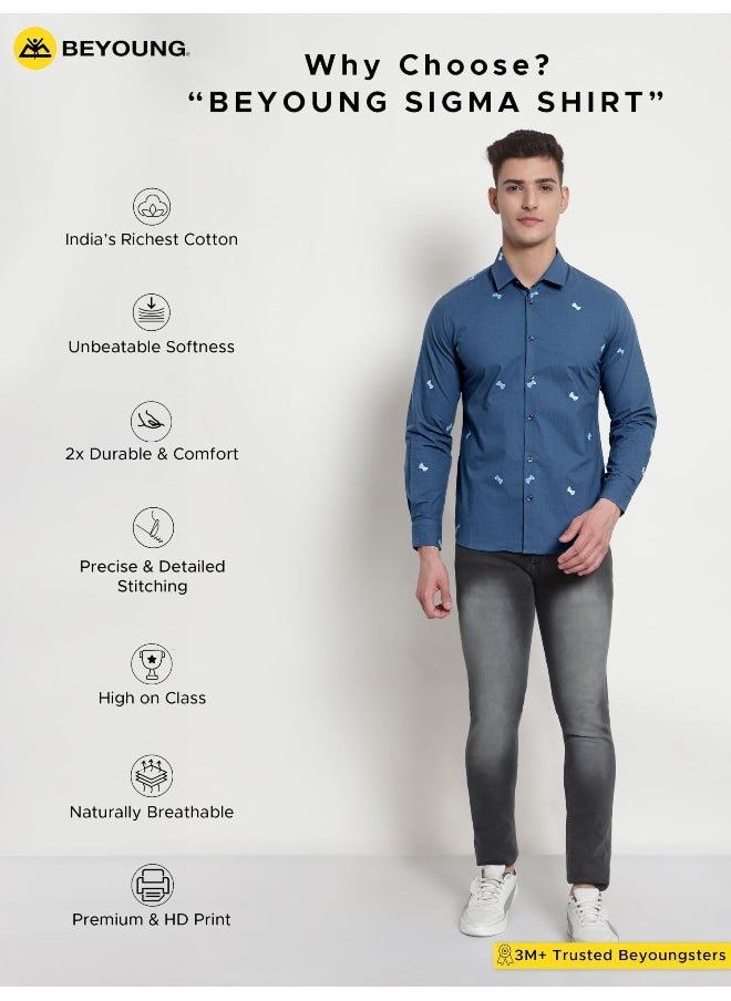 Beyoung - Long Sleeve Navy Blue Gamer Printed Shirts for Men - Image 1