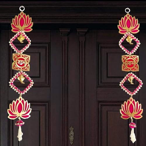 CraftVatika Diwali Decoration Items for Home Decor, Hanging Lotus Ganesha Shub Labh Latkan Toran for Pooja Room, Main Door Entrance, Diwali Deepavali Decor, Deepawali Festival Decorations Set of 2 - Image 5