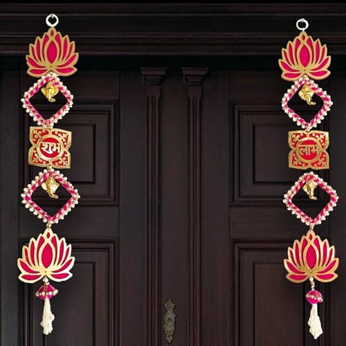 CraftVatika Diwali Decoration Items for Home Decor, Hanging Lotus Ganesha Shub Labh Latkan Toran for Pooja Room, Main Door Entrance, Diwali Deepavali Decor, Deepawali Festival Decorations Set of 2 - Image 3