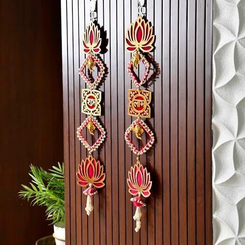 CraftVatika Diwali Decoration Items for Home Decor, Hanging Lotus Ganesha Shub Labh Latkan Toran for Pooja Room, Main Door Entrance, Diwali Deepavali Decor, Deepawali Festival Decorations Set of 2 - Image 2