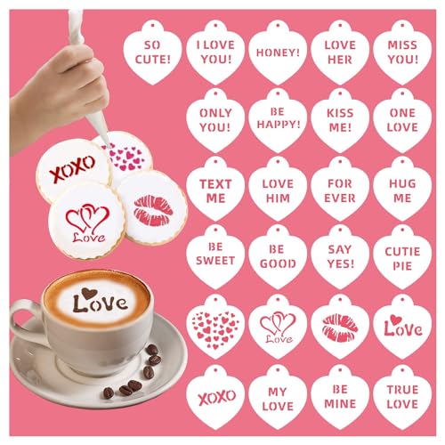 Leesgel 25PCS Valentine Heart Stencils, Reusable Cookie Coffee Cake Stencils for Valentine Decorations, Templates Baking Tools for Decorating Food, Wedding Party Décor - Image 1