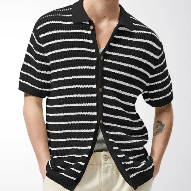 Men's Knitted Open Front Polo Shirt with Contrast Stripes and Hollow Out Design - Image 2