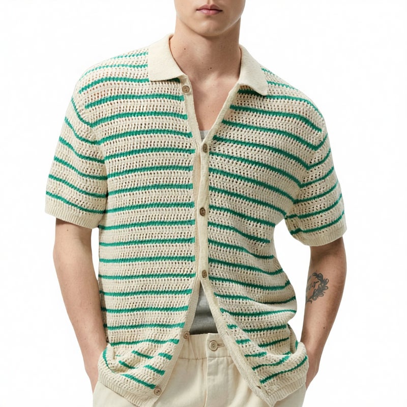 Men's Knitted Open Front Polo Shirt with Contrast Stripes and Hollow Out Design - Image 1