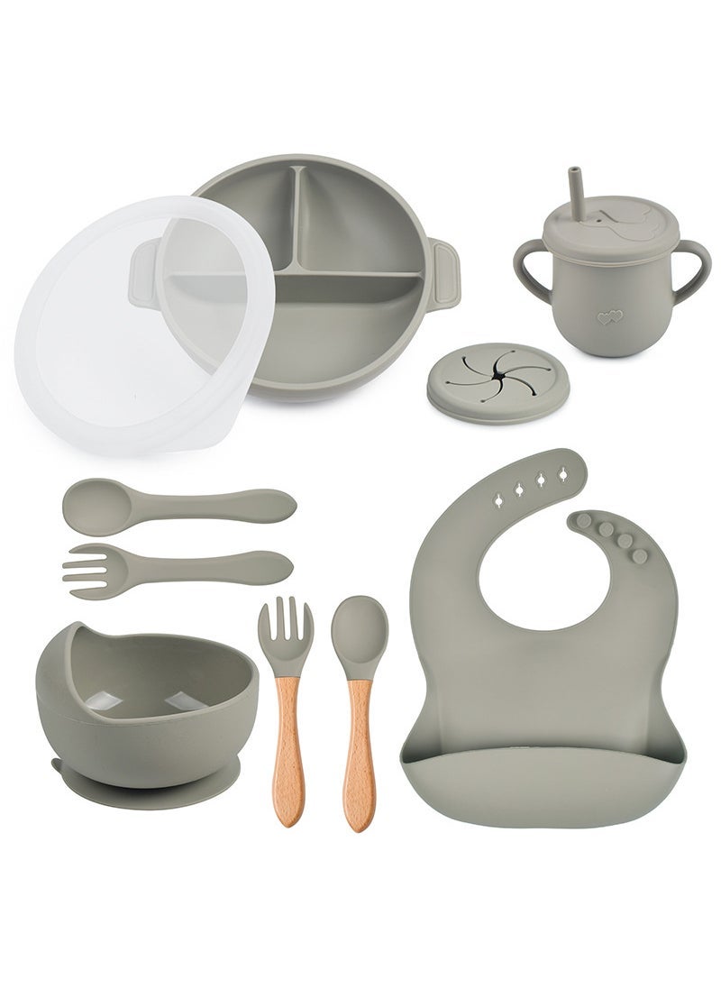 In Stock Childrens Dinner Plate Split Plate Baby Suction Type Silicone Bowl Set Childrens Food Supplemented Silicone Suction Bowl Y22 round partition bowl + lid + silicone bowl + drool pocket + Love Cup + snack cup lid + wooden handle spoon Fork + silicone spoon Fork