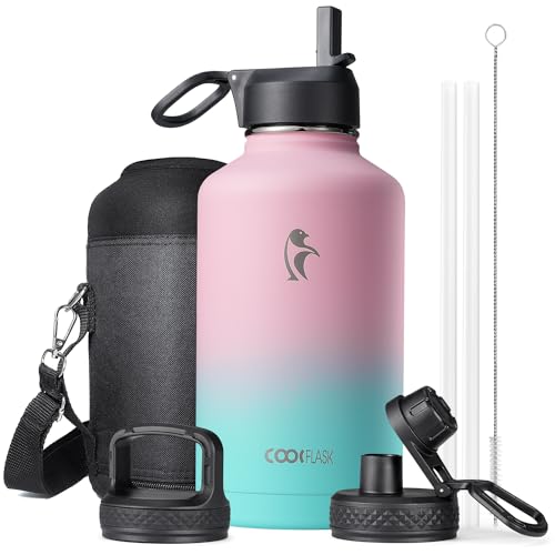 Water Bottle Insulated 64 oz with Straw  3 Lids Coolflask Half Gallon Water Jug Large Metal Stainless Steel Wide Mouth NonBPA Keep Cold 48H Hot 24H Bubblegum Princess