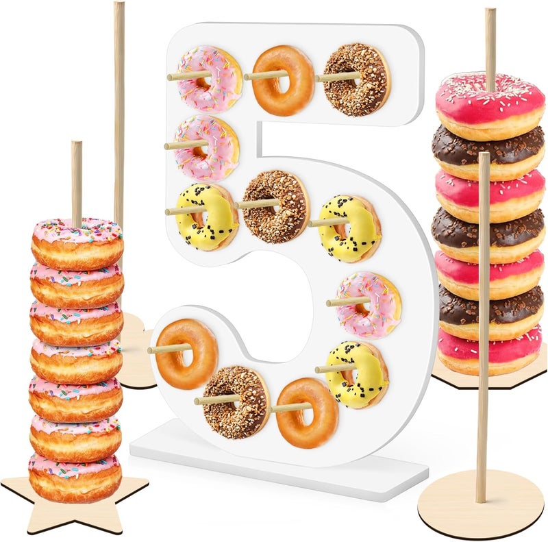 soleim 5 Pcs Donut Stand Set, Doughnut Party Supplies Include 1 Pc Digit Donut Wall Display Stand, 4 Pcs Doughnut Wall, for Birthday Wedding Baby Shower Party (White number 5) - Image 1