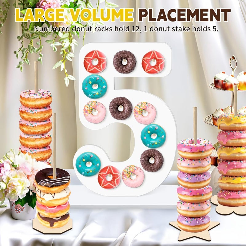 soleim 5 Pcs Donut Stand Set, Doughnut Party Supplies Include 1 Pc Digit Donut Wall Display Stand, 4 Pcs Doughnut Wall, for Birthday Wedding Baby Shower Party (White number 5) - Image 3