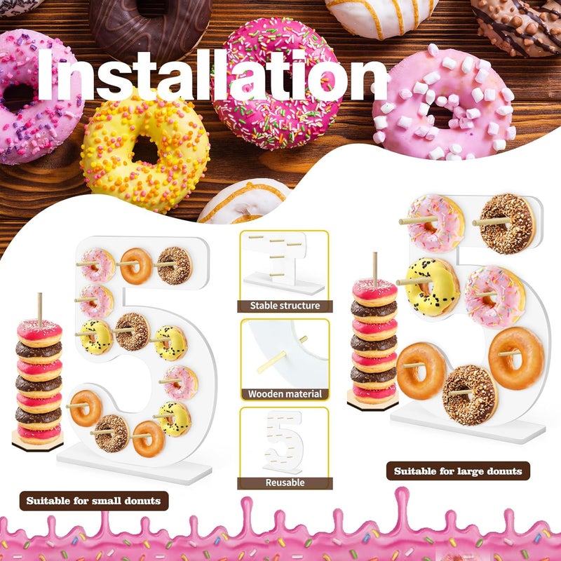soleim 5 Pcs Donut Stand Set, Doughnut Party Supplies Include 1 Pc Digit Donut Wall Display Stand, 4 Pcs Doughnut Wall, for Birthday Wedding Baby Shower Party (White number 5) - Image 4