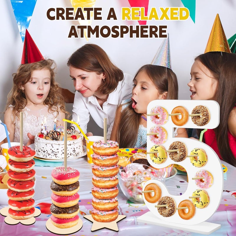 soleim 5 Pcs Donut Stand Set, Doughnut Party Supplies Include 1 Pc Digit Donut Wall Display Stand, 4 Pcs Doughnut Wall, for Birthday Wedding Baby Shower Party (White number 5) - Image 5