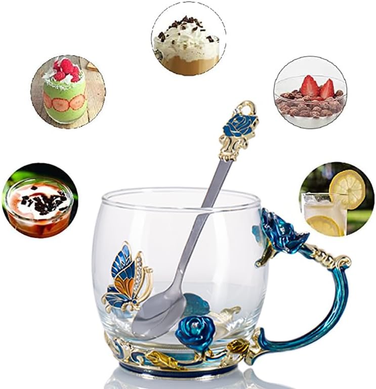 DasyFly Tea Cup Gifts for Mom Birthday Gift for WomenGlass Coffee Enamels Mug Butterfly Sky Blue Flower Cup Unique Valentines Mothers Day Christmas gifts For Women Mom Wife Sister Coworker Female Friend - Image 4