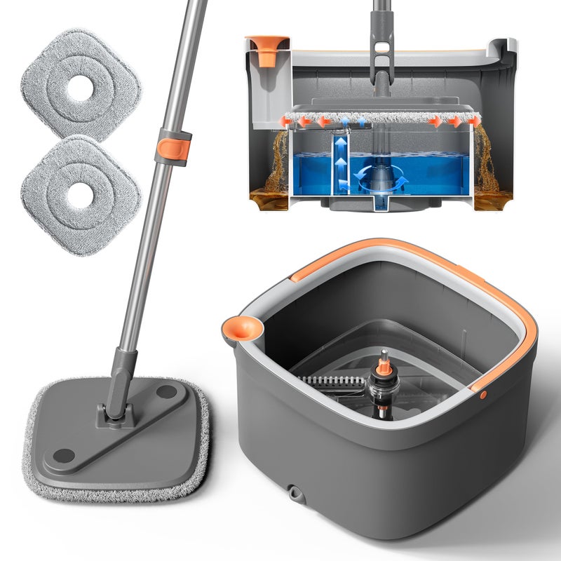 KZKR Spin Mop and Bucket Set with 2 Replaceable Microfiber Mop Pads with Self Separation Dirty and Clean Water System Self Wringing 360 Rotating Square Mop Head for Hardwood Tile Marble Floors - Image 3