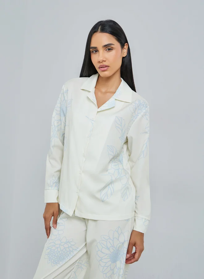 Styli Large Scale Floral Print Button Through Shirt and Pyjama Set