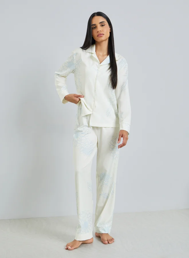 Styli Large Scale Floral Print Button Through Shirt and Pyjama Set