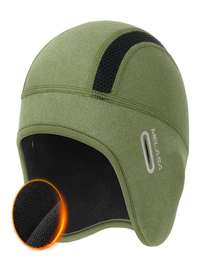 MELASA Thermal Fleece Skull Cap Beanie with Glasses Holes, Ear Warmer Helmet Liner, Winter Cycling Bike Hat for Men Women Green - Image 1