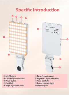 TONEOF TONEOF 80 LED Portable Selfie Light,Rechargeable Phone Light with Clip,3 Light Modes 2000mAh Video Fill Light,Lighting for Video Recording, Makeup,Live Streaming,Vlog,Tablet/Laptop/Webcam White  - Image 2