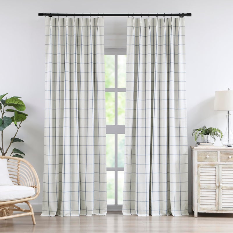 Vision Home Blue Plaid Linen Pinch Pleated Full Blackout Curtains Checkered Thermal Insulated Window Panels 84 inch for Bedroom Living Room Energy Efficient Rustic Pleat Drapes with Hooks 40"Wx84"Lx2 - Image 1