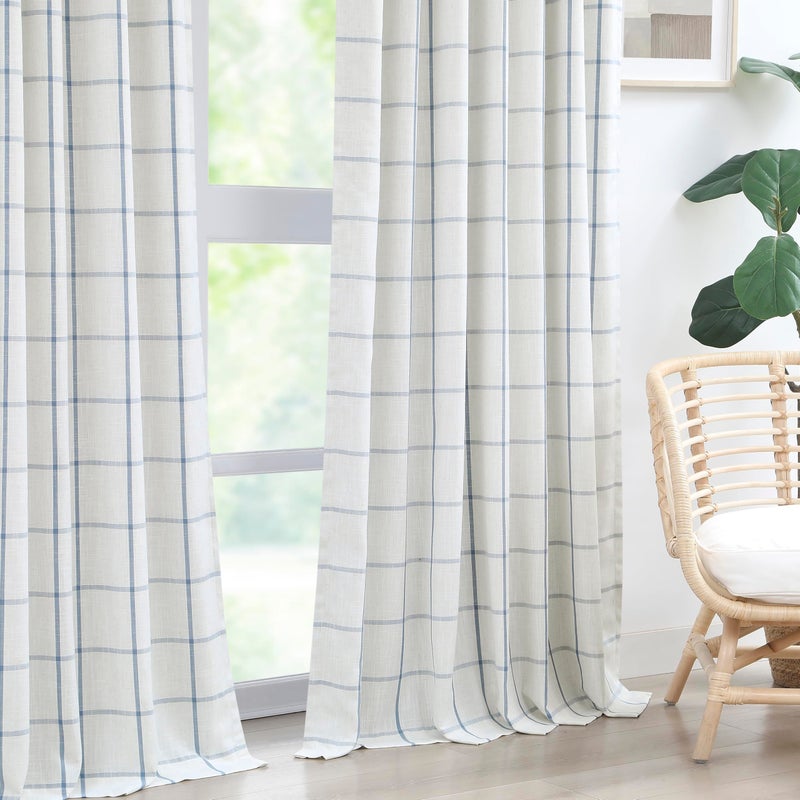 Vision Home Blue Plaid Linen Pinch Pleated Full Blackout Curtains Checkered Thermal Insulated Window Panels 84 inch for Bedroom Living Room Energy Efficient Rustic Pleat Drapes with Hooks 40"Wx84"Lx2 - Image 2