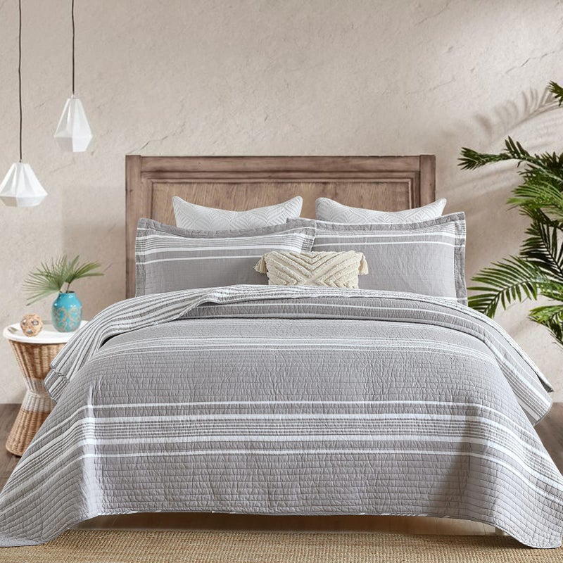 Y-PLWOMEN YPLWOMEN Quilt King Size  100 Cotton King Quilt Grey Striped Quilt for King Bed Lightweight Reversible King Size Bedspread for All Season 3Piece 