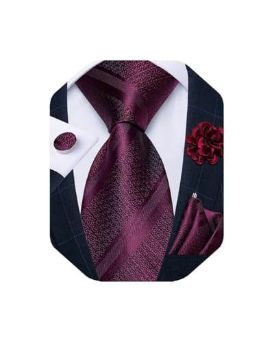 DiBanGu Mens Tie and Lapel Pin Set Silk Plaid Solid Paisley Necktie & Pocket Square Cufflinks for Wedding Party, Burgundy - Image 1