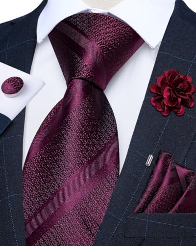 DiBanGu Mens Tie and Lapel Pin Set Silk Plaid Solid Paisley Necktie & Pocket Square Cufflinks for Wedding Party, Burgundy - Image 3