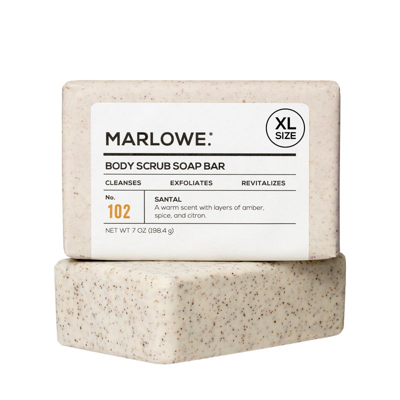 MARLOWE. No. 102 Body Scrub Soap 7 oz, Santal, Exfoliating Soap Bar with Shea Butter, Olive Oil & Green Tea Extracts, Cleanses, Smooths & Revitalizes Skin, Warm Amber, Spice & Citron Scent - Image 1
