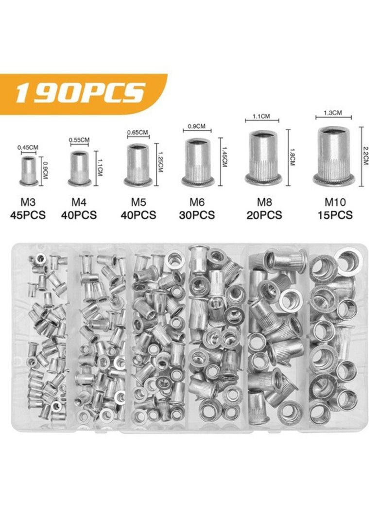 190 قطعة رأس مسطح جوزة برْشام الزنك مطلي الألومنيوم متري الموضوع أعمى إدراج جوزة برْشام طقم صامولة M3/M4/M5/M6/M8/M10 - Image 1