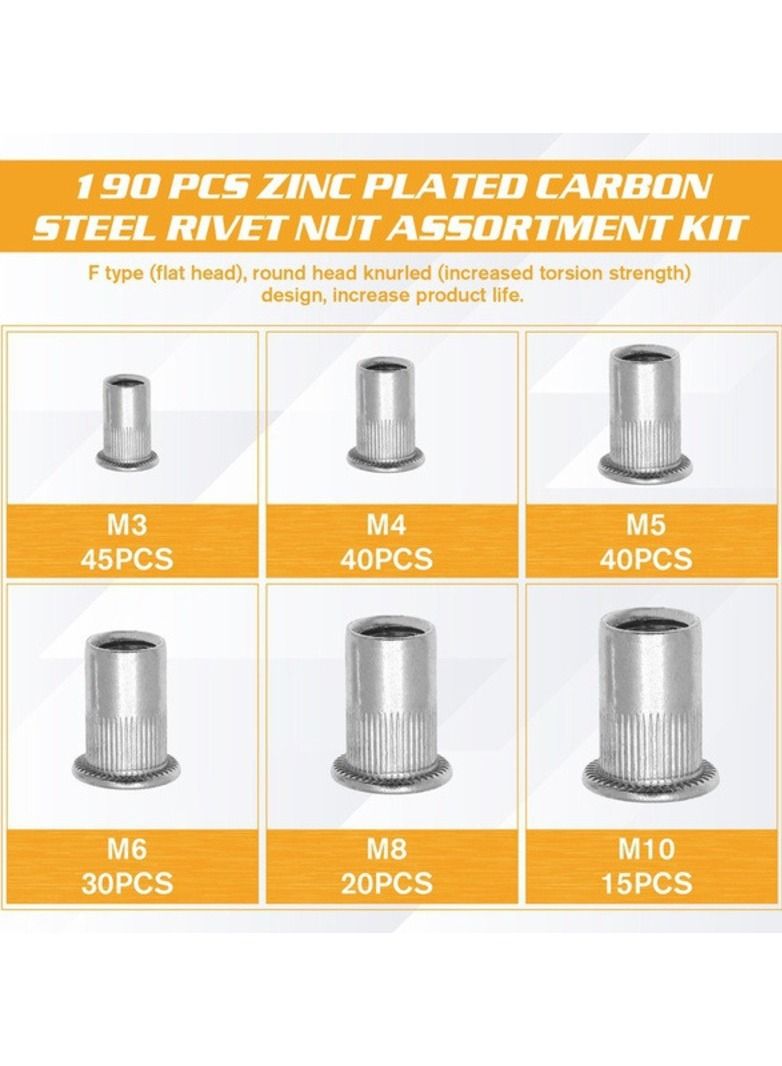 190 قطعة رأس مسطح جوزة برْشام الزنك مطلي الألومنيوم متري الموضوع أعمى إدراج جوزة برْشام طقم صامولة M3/M4/M5/M6/M8/M10 - Image 3