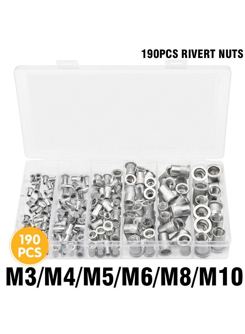 190 قطعة رأس مسطح جوزة برْشام الزنك مطلي الألومنيوم متري الموضوع أعمى إدراج جوزة برْشام طقم صامولة M3/M4/M5/M6/M8/M10 - Image 2