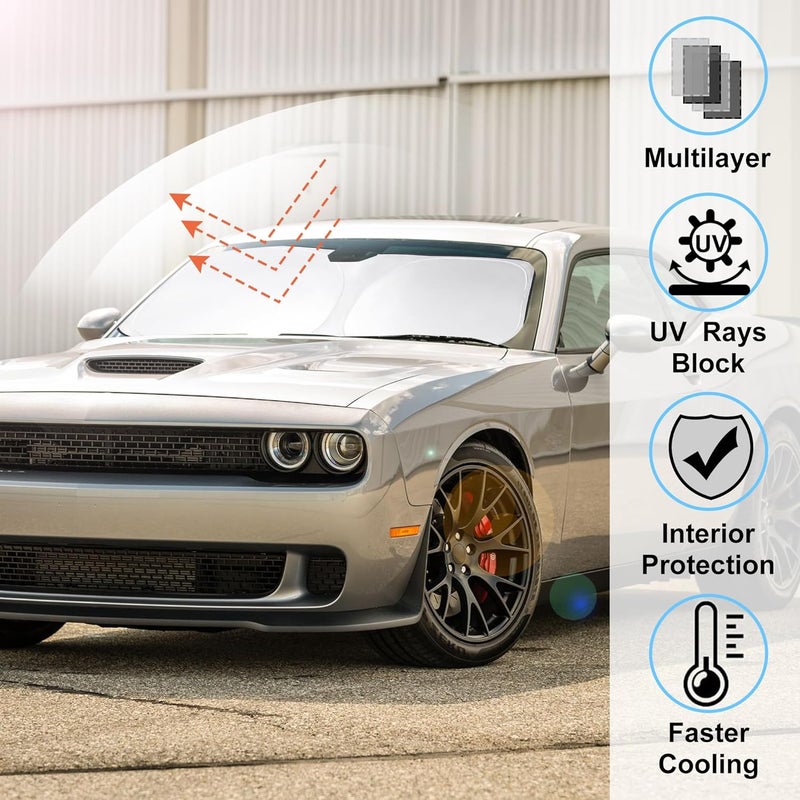 LHFLIVE Windshield Sun Shade Compatible with 2015-2023 Dodge Challenger Accessories Coupe,SRT Hellcat,Redeye,GT,RT,TA Coupe,Widebody,SXT,RT Scat Pack Sun Visor Protector - Image 2