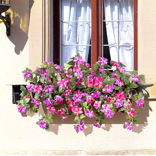 Ammyoo Artificial Fake Flowers Plants for Outdoor Decoration, 2PCS Faux Petunias Silk Flower UV Resistant No Fade Floral for Home Outside Garden Balcony Yard Porch Realistic Indoor Decor (Red Lotus) - Image 5