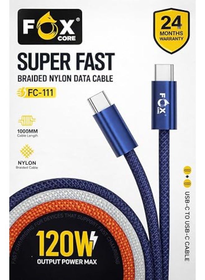 Fox 1 meter USB C to USB C cable, dual data cable for 120W fast charging, maximum power and speed for mobile (blue) - Image 3