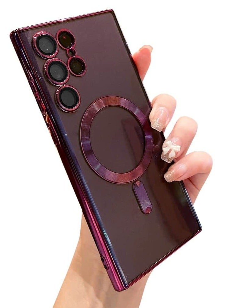 ELTRAZONE for Samsung Galaxy S23 Ultra Case Magnetic Clear with Camera Lens Protector Full Protection MagSafe Electroplated Silicone Slim Fit Shockproof Protective Case Cover - Burgundy - Image 1