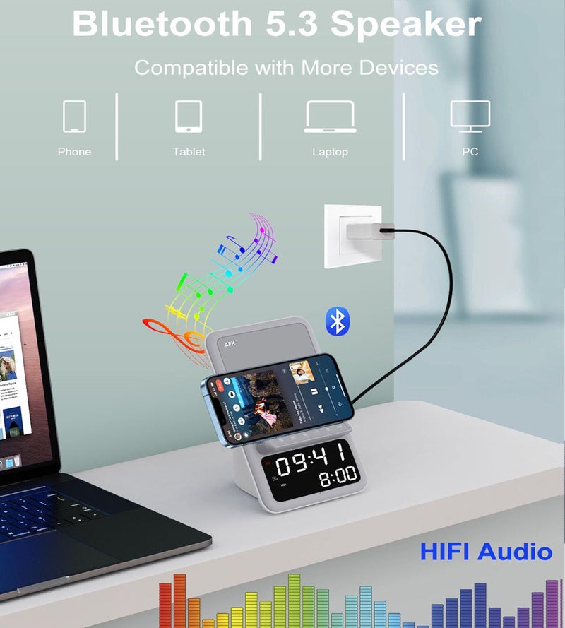 AFK Wireless Charging Station with Bluetooth Speaker and Alarm Clock,Wireless Charger Compatible with iPhone,Android Phones (Gray-White) - Image 4