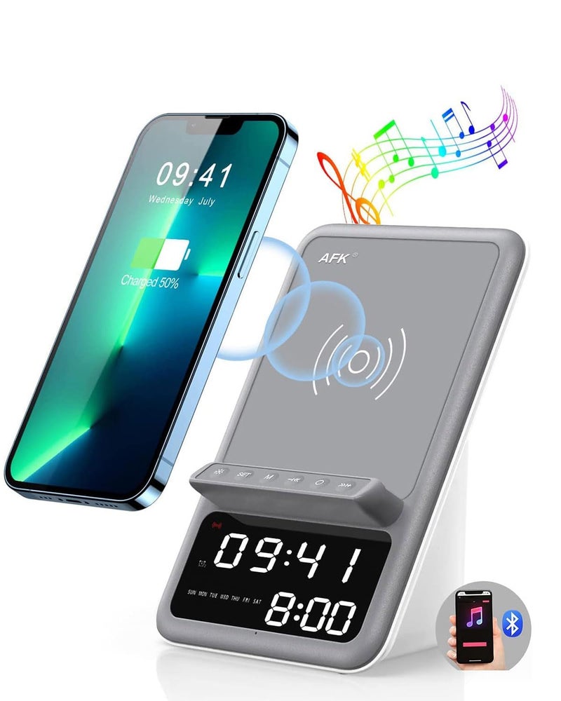 AFK Wireless Charging Station with Bluetooth Speaker and Alarm Clock,Wireless Charger Compatible with iPhone,Android Phones (Gray-White) - Image 1