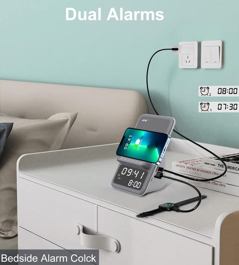 AFK Wireless Charging Station with Bluetooth Speaker and Alarm Clock,Wireless Charger Compatible with iPhone,Android Phones (Gray-White) - Image 5