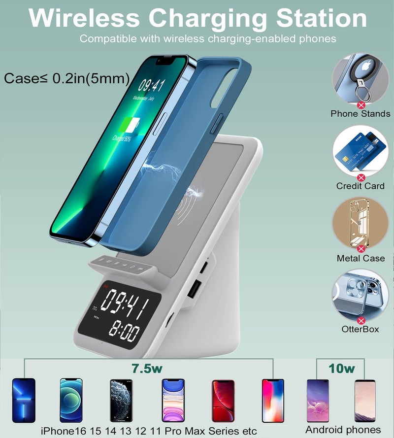 AFK Wireless Charging Station with Bluetooth Speaker and Alarm Clock,Wireless Charger Compatible with iPhone,Android Phones (Gray-White) - Image 3