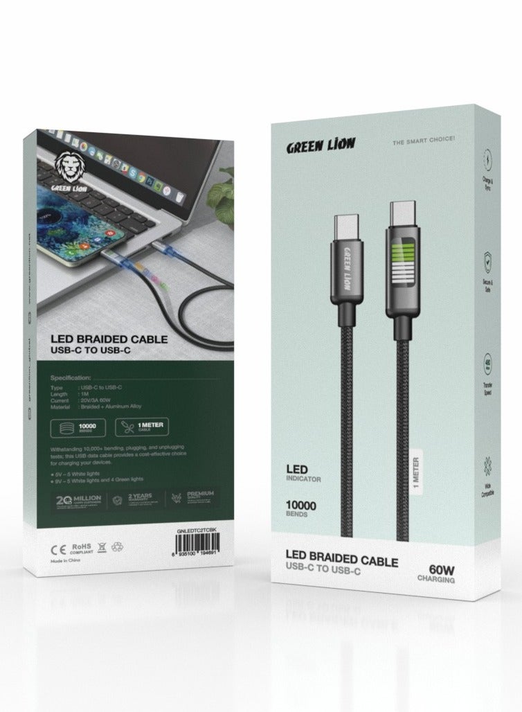 GREEN LION LED Braided Cable USB-C to USB-C 60W/ 480Mbps Transfer Speed / Wide Compatibility /Charge & Sync / Secure & Safe / 1m Wire - Black - Image 1