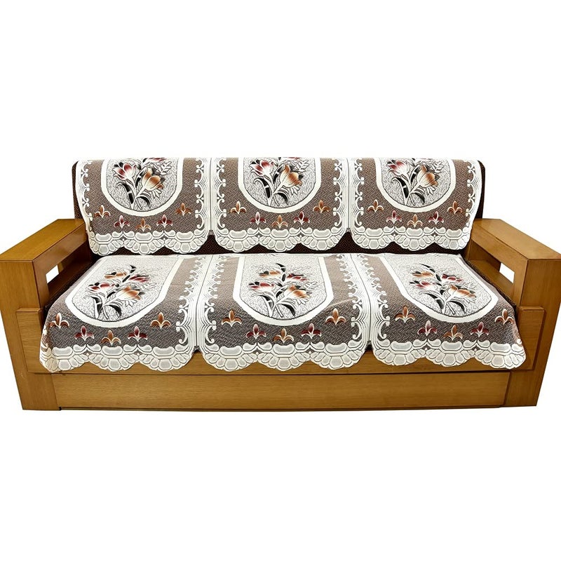 GAURANG 5 Seater Leaf Printed Cotton Net Sofa Cover Set of 10 Piece Brown Small 6003 - Image 3
