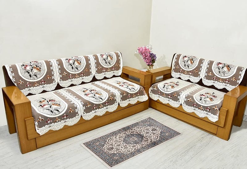 GAURANG 5 Seater Leaf Printed Cotton Net Sofa Cover Set of 10 Piece Brown Small 6003 - Image 1