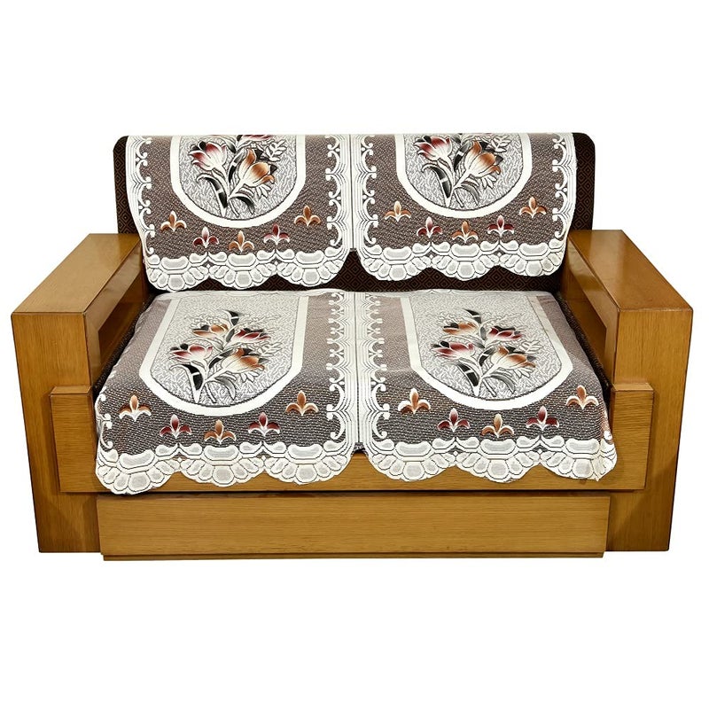 GAURANG 5 Seater Leaf Printed Cotton Net Sofa Cover Set of 10 Piece Brown Small 6003 - Image 2