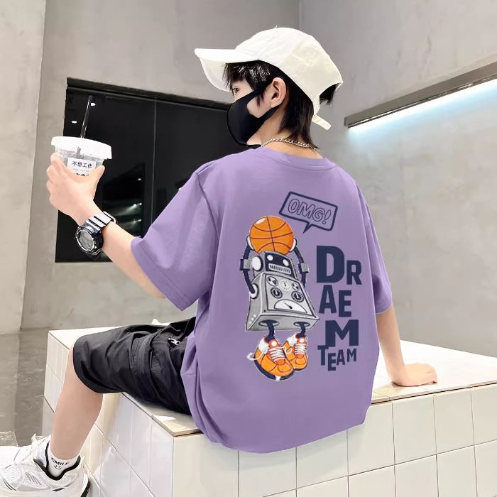 Boys' Summer Short-sleeved Cotton T-shirt 2025 New Children's Students Handsome Fried Street Middle and Big Children's Summer Top Trendy - Image 1