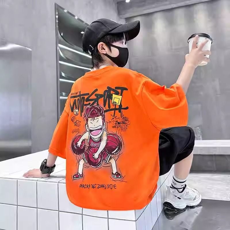 Boys' Summer Short-sleeved Cotton T-shirt 2025 New Children's Students Handsome Fried Street Middle and Big Children's Summer Top Trendy - Image 2