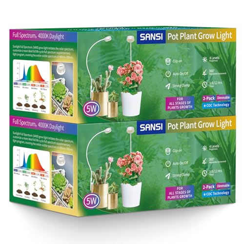 SANSI Grow Lights for Indoor Plants, ETL Listed Pot Clip LED Plant Lights for Indoor Growing, Full Spectrum, 4-Level Dimmable, Auto On Off 3 6 12 Hrs Timer for Small Plants, Garden White 5V 4-Pack - Image 1